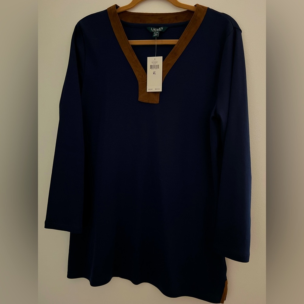 Lauren by Ralph Lauren tunic type shirt. Blue with faux suede trim.   Size XL